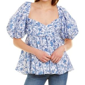 Caroline constas short sleeve Brie top in white and blue toile print NWT